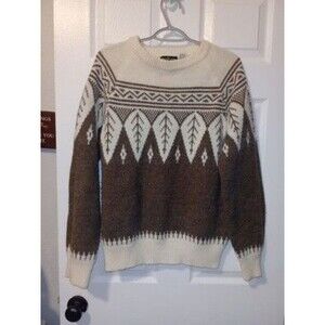 Boundary Waters Mens Sweater Fair Isle XL Cream Brown Wool Blend Crewneck